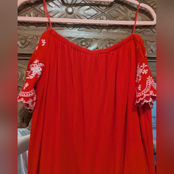 Altar'd State- Red Off-Shoulder Dress Or Tunic with White Embroidery - Picture 8 of 16